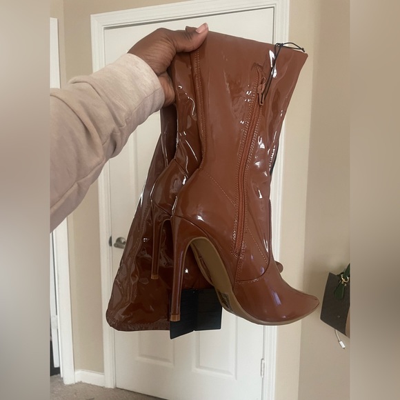 Chocolate Patent Leather Thigh High Boots - Picture 3 of 4